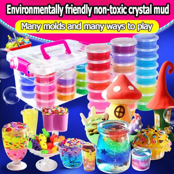 Kids Slime Toy 12 Colors Crystal Mud and Light Clay Playing Set with Glitter Powder Girls DIY Art Soft Gel