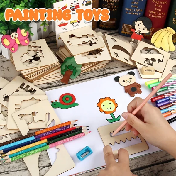 Educational Toys Children Montessori Stencils Painting Wooden Toys DIY Learning Drawing